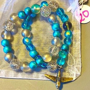 Flying High Travel Lover Silver & Blue Bead Stone Bracelet set w/ Airplane Charm